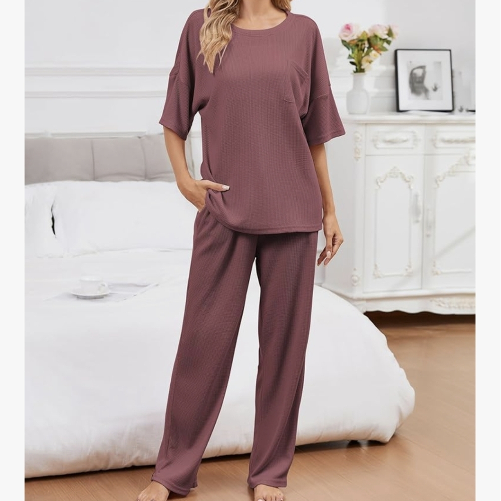 JiniGolla Waffle Knit Short Sleeve Pajama Lounge Set